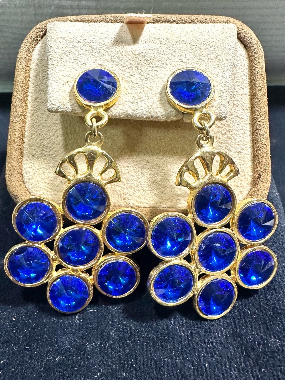 NOS/ Vtg Blue RIVOLI Glass Rhinestone Floral Dangle Earrings